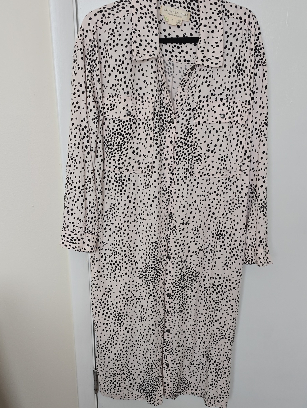 saltwater LUXE Blush Pink Midi Shirt Dress with Black Dot Print